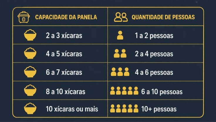 Tabela de capacidade da panela elétrica